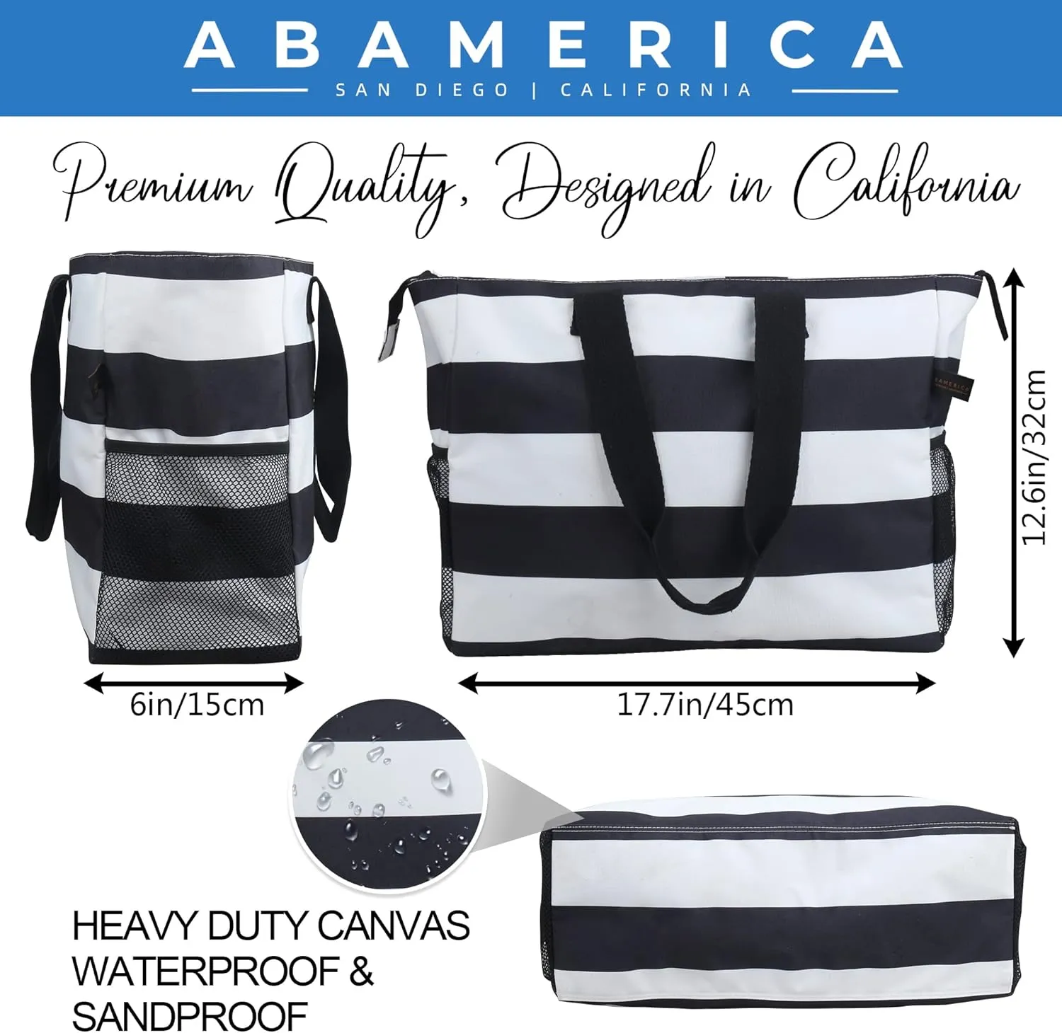ABAMERICA Beach Bags Waterproof Sandproof Beach Tote Pool Bag with Zipper 7 Pockets Cosmetic Bag, Large Self Standing