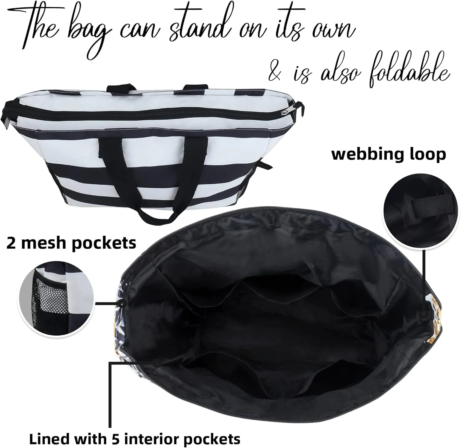 ABAMERICA Beach Bags Waterproof Sandproof Beach Tote Pool Bag with Zipper 7 Pockets Cosmetic Bag, Large Self Standing