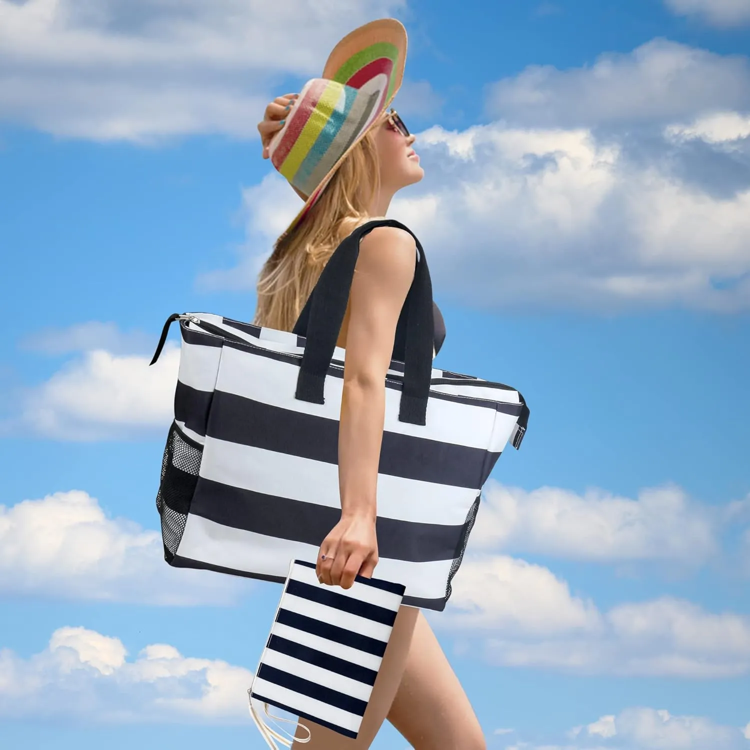 ABAMERICA Beach Bags Waterproof Sandproof Beach Tote Pool Bag with Zipper 7 Pockets Cosmetic Bag, Large Self Standing
