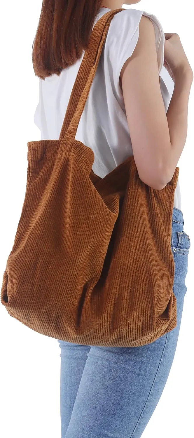 ALUWU Corduroy Tote Bag for Women Girl Canvas Shoulder Handbags Cute Large Purse