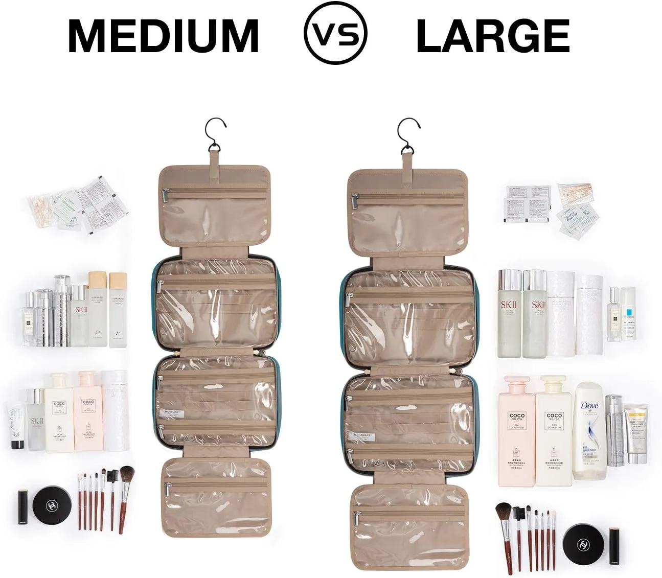 BAGSMART Toiletry Bag Travel Bag with Hanging Hook, Water-resistant Makeup Cosmetic Bag Travel Organizer for Accessories, Shampoo, Full Sized Container, Toiletries，Large-Teal