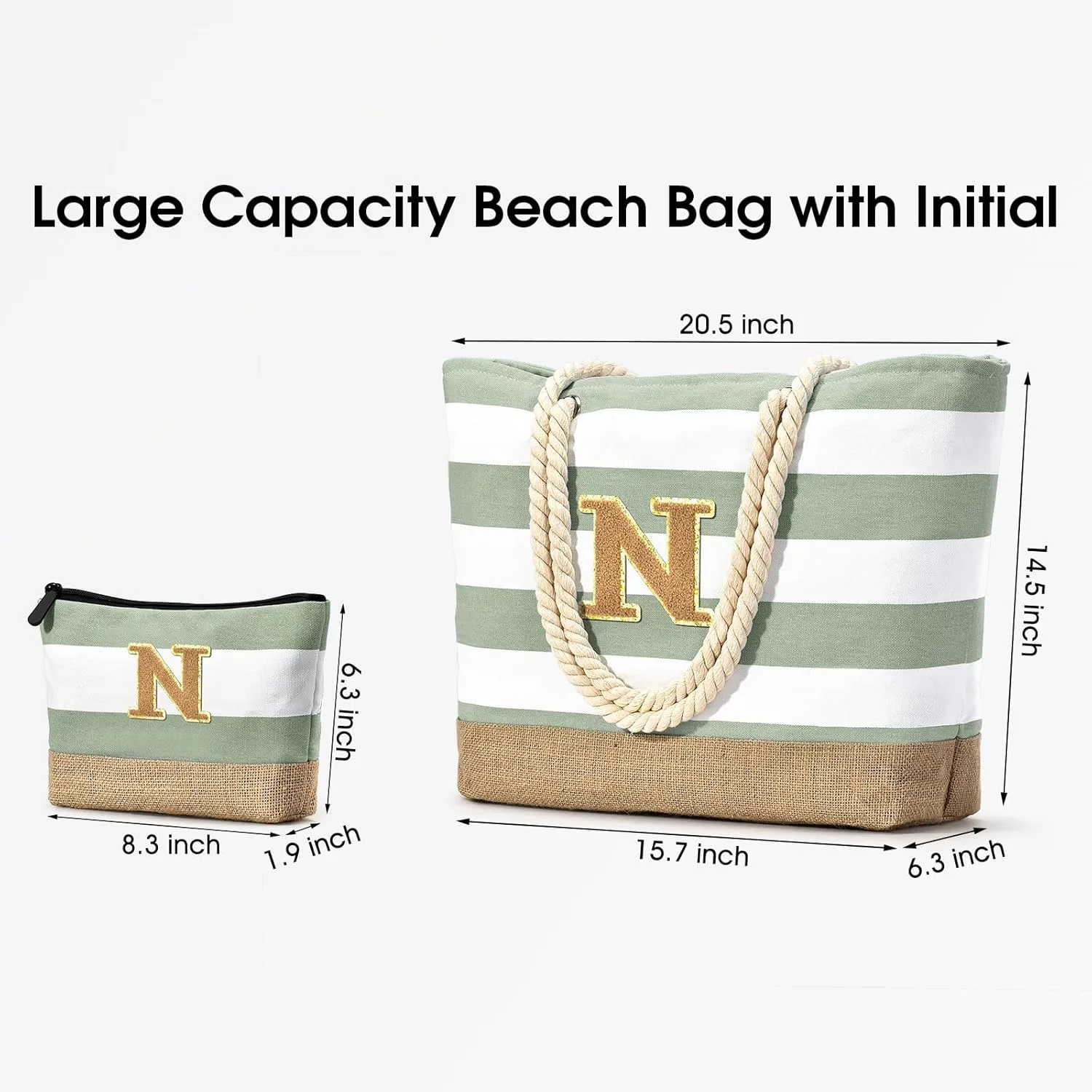 Becokan Beach Bag Initial Beach Tote with Makeup Bag for Travel Work Storage Personalized Birthday Gifts for Women Her
