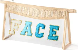 Boho Patch Cosmetic Bag - Summer FACE Blue Chenille Varsity Letter Clear Toiletry Kit Waterproof Portable Woven Makeup Bag PVC Zipper Purse Travel Toiletry Pouch Summer Beach Gift for Women