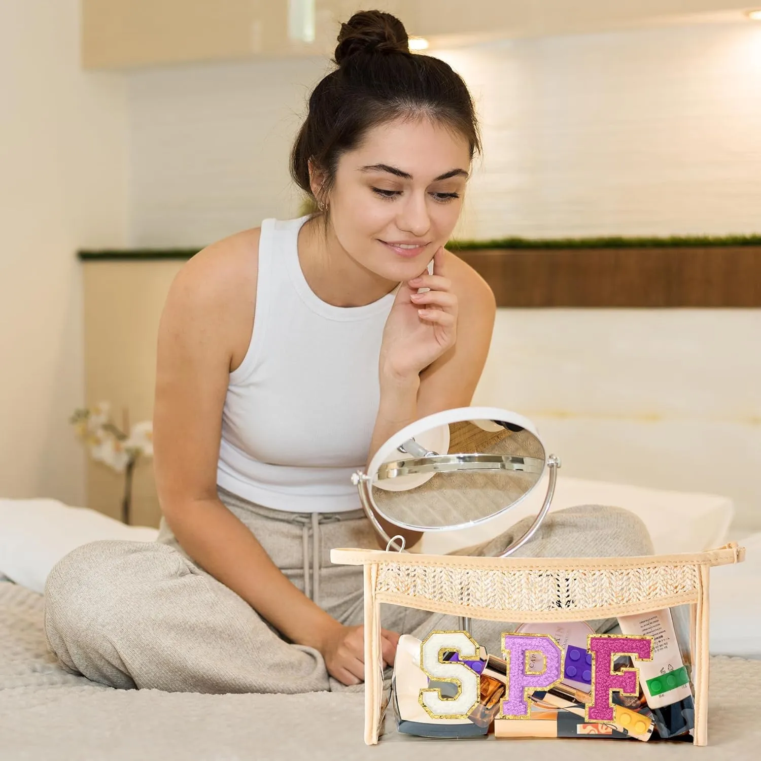 Boho Patch Cosmetic Bag - Summer SPF Purple Chenille Varsity Letter Clear Toiletry Kit Waterproof Portable Makeup Bag PVC Zipper Purse Travel Pouch Beach Summer Gifts for Women Girls