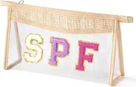 Boho Patch Cosmetic Bag - Summer SPF Purple Chenille Varsity Letter Clear Toiletry Kit Waterproof Portable Makeup Bag PVC Zipper Purse Travel Pouch Beach Summer Gifts for Women Girls