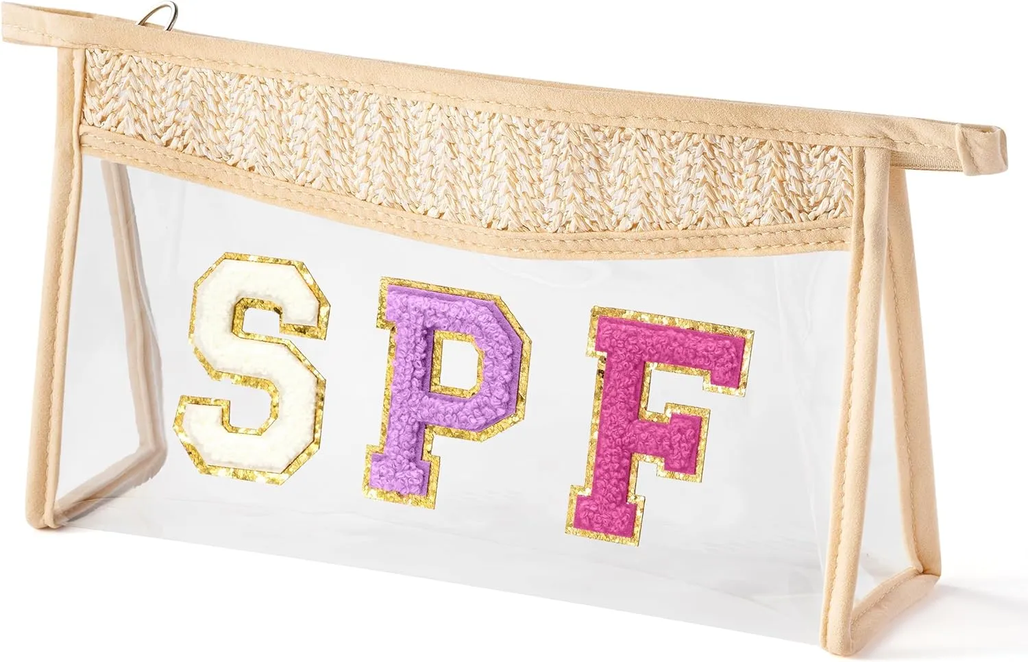 Boho Patch Cosmetic Bag - Summer SPF Purple Chenille Varsity Letter Clear Toiletry Kit Waterproof Portable Makeup Bag PVC Zipper Purse Travel Pouch Beach Summer Gifts for Women Girls