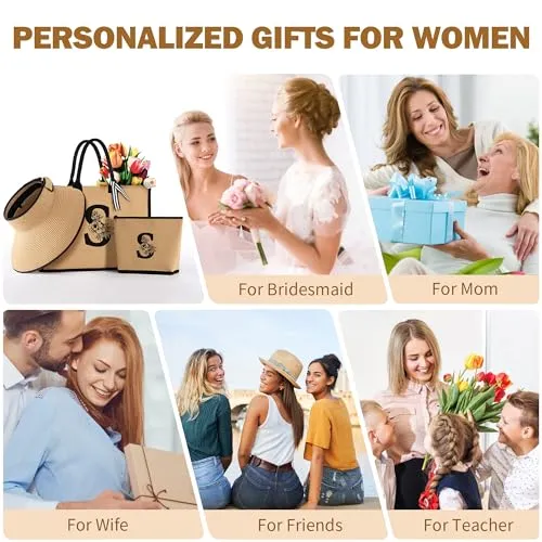 Bridesmaid Gifts, Personalized Canvas Initial Beach Tote Bag with Makeup Bag Sun Hat for Women, Summer Travel Beach Essentials(J)