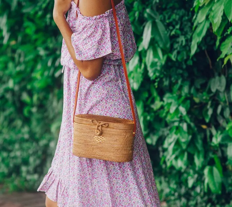 Brown Handwoven Rattan Bag Bali Rectangular Straw Bag