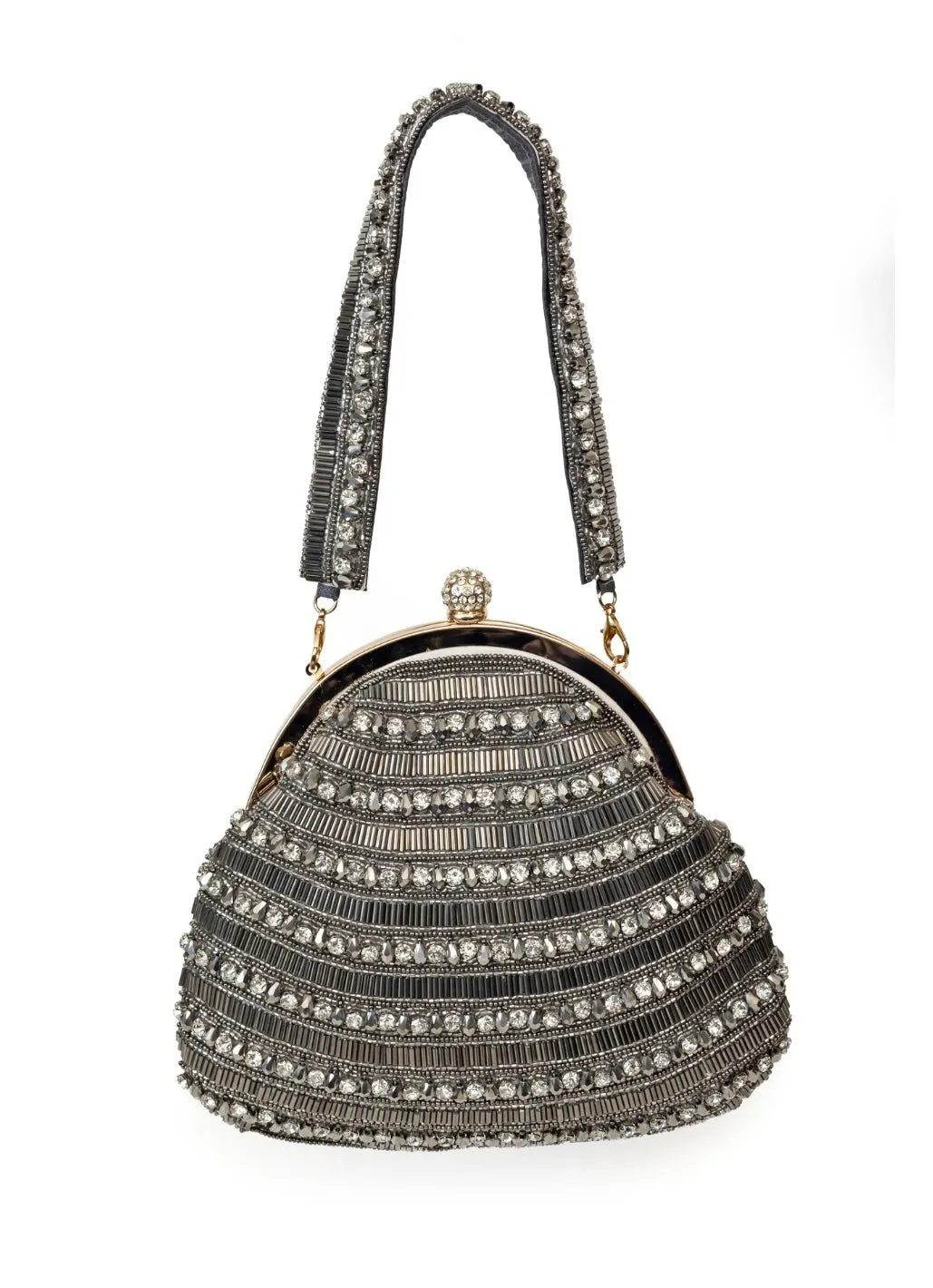 Brownish Grey Crystal Embellished Clutch Bag