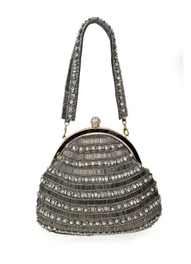 Brownish Grey Crystal Embellished Clutch Bag