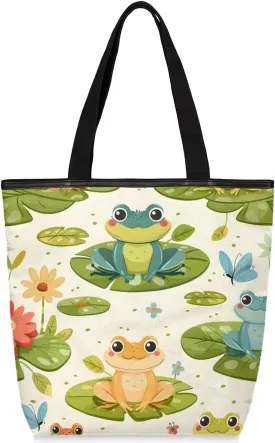 Canvas Tote Bag for Women Men Pond Frogs Lotus Leaves Canvas Handbag Shoulder Tote Bag with Zipper Closure Reusable Grocery Bag Shopping Cloth Bag with Handles for Beach Gym Picnic Work