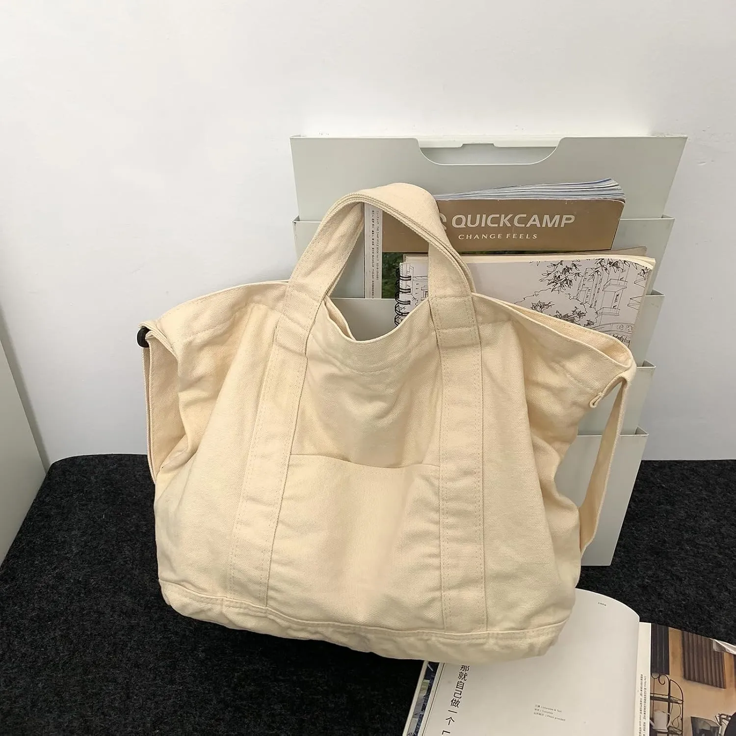 Canvas Tote Bag for Women with Pockets Cute Small Crossbody Bag Purses Handbag for Work Beach Tote Bag