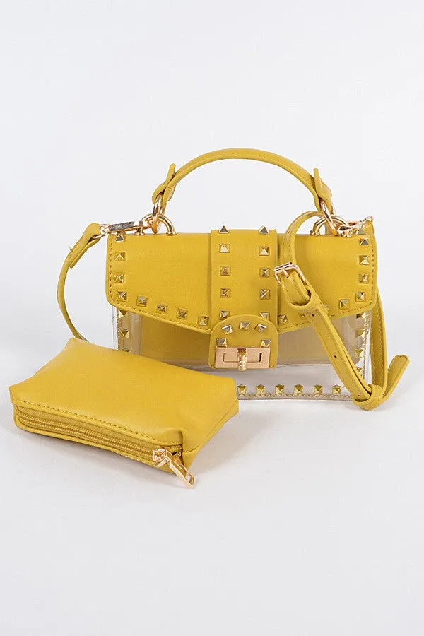 Celeste Edgy compact Vegan Leather Gold Stud bag                                                                                                                          s spiked with signature pyramid studs Clutc