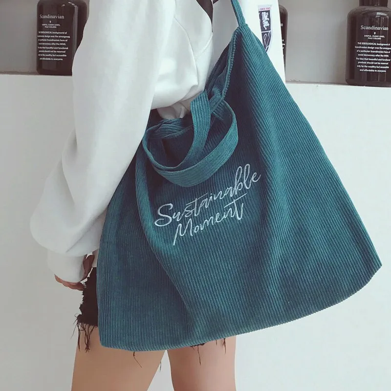 Christmas Gift Women Corduroy Shoulder & Crossbody Bags Female Eco Cloth Handbag Large Capacity Zipper Totes Soft Embroidery Messenger Bag