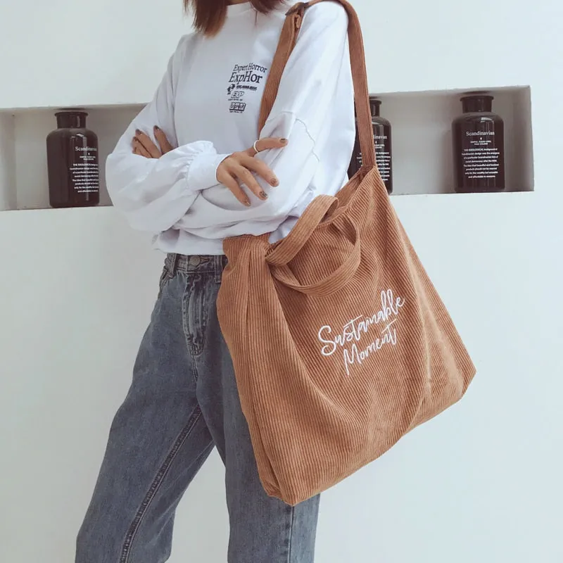 Christmas Gift Women Corduroy Shoulder & Crossbody Bags Female Eco Cloth Handbag Large Capacity Zipper Totes Soft Embroidery Messenger Bag