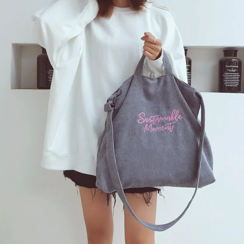 Christmas Gift Women Corduroy Shoulder & Crossbody Bags Female Eco Cloth Handbag Large Capacity Zipper Totes Soft Embroidery Messenger Bag