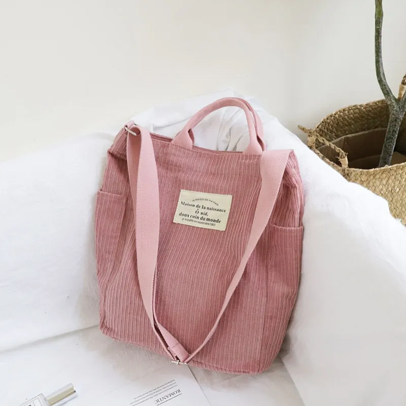 Christmas Gift Women Corduroy Shoulder Bag Large Capacity Cloth Handbag Tote Female Crossbody Messenger Bags Ladies Simple Canvas Zipper Purses