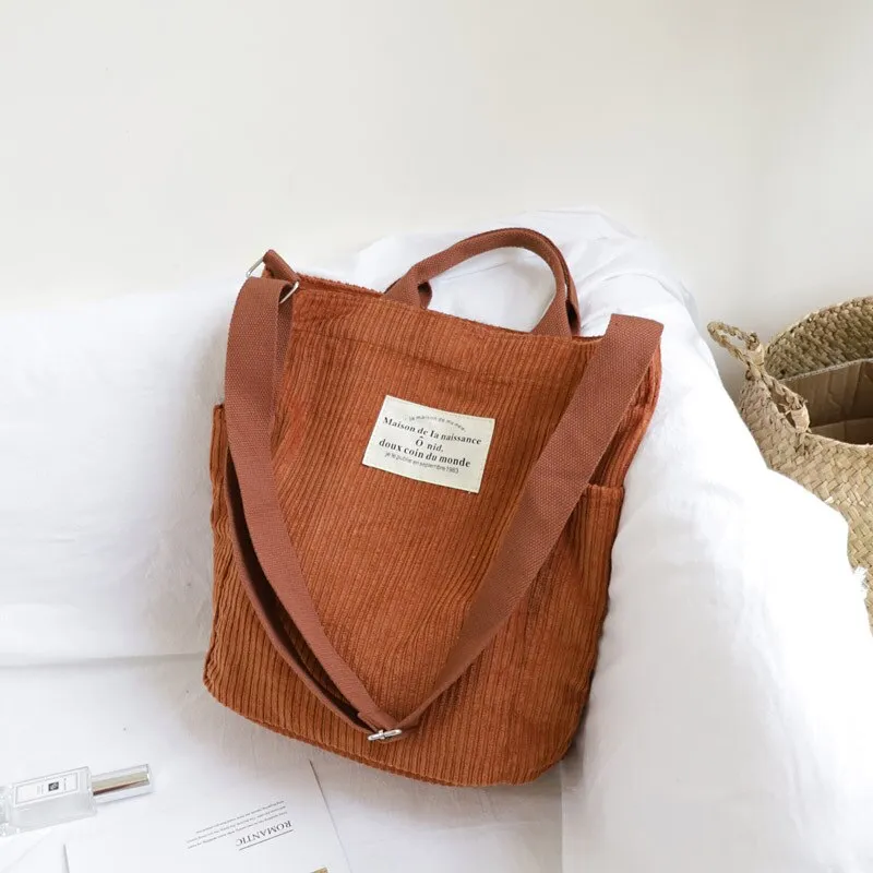 Christmas Gift Women Corduroy Shoulder Bag Large Capacity Cloth Handbag Tote Female Crossbody Messenger Bags Ladies Simple Canvas Zipper Purses
