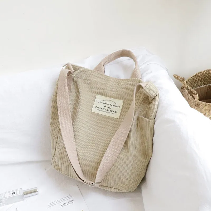 Christmas Gift Women Corduroy Shoulder Bag Large Capacity Cloth Handbag Tote Female Crossbody Messenger Bags Ladies Simple Canvas Zipper Purses
