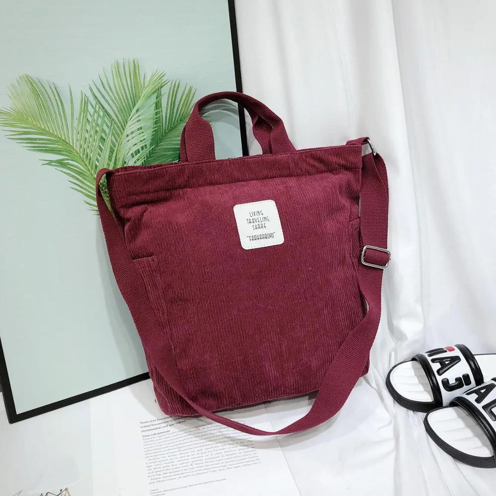 Christmas Gift Women Corduroy Shoulder Bags Soft Cloth Handbag Tote Female Crossbody Messenger Bags Ladies Canvas Zipper Purses Shopping Bag