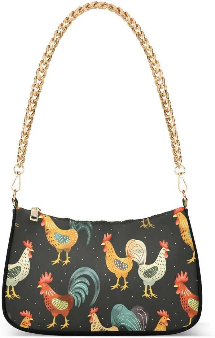 Color Rooster Tote Bag Hobo Handbag Shoulder Bag for Women Ladies Mini Clutch Purse with Zipper Closure