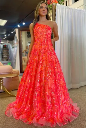 Coral A-Line One Shoulder Sequin Lace Long Prom Dresses VK24011803