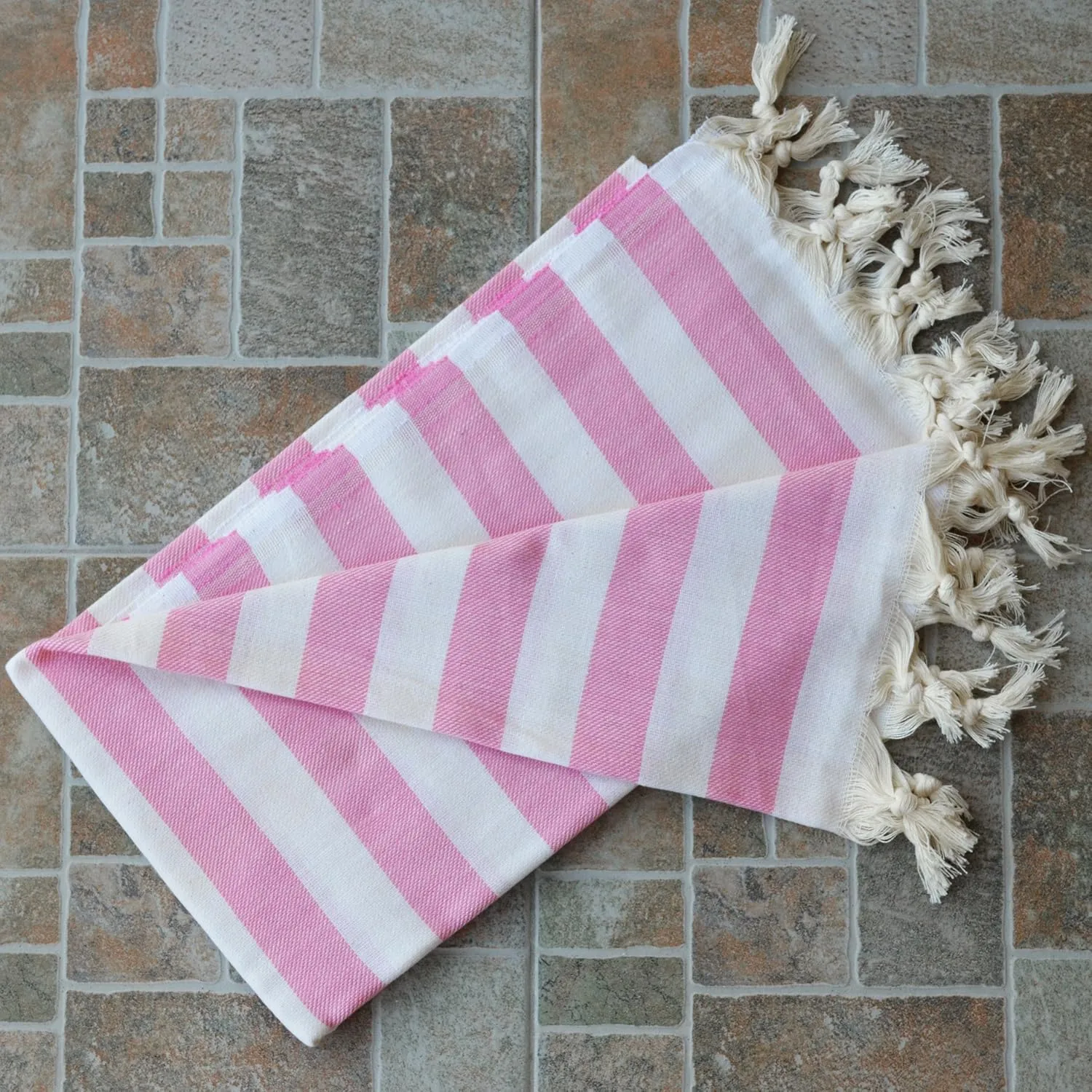 Dandelion - Stripes Pattern - Naturally-Dyed Cotton Turkish Towel Peshtemal - 71x39 Inches - White & Sugar Pink