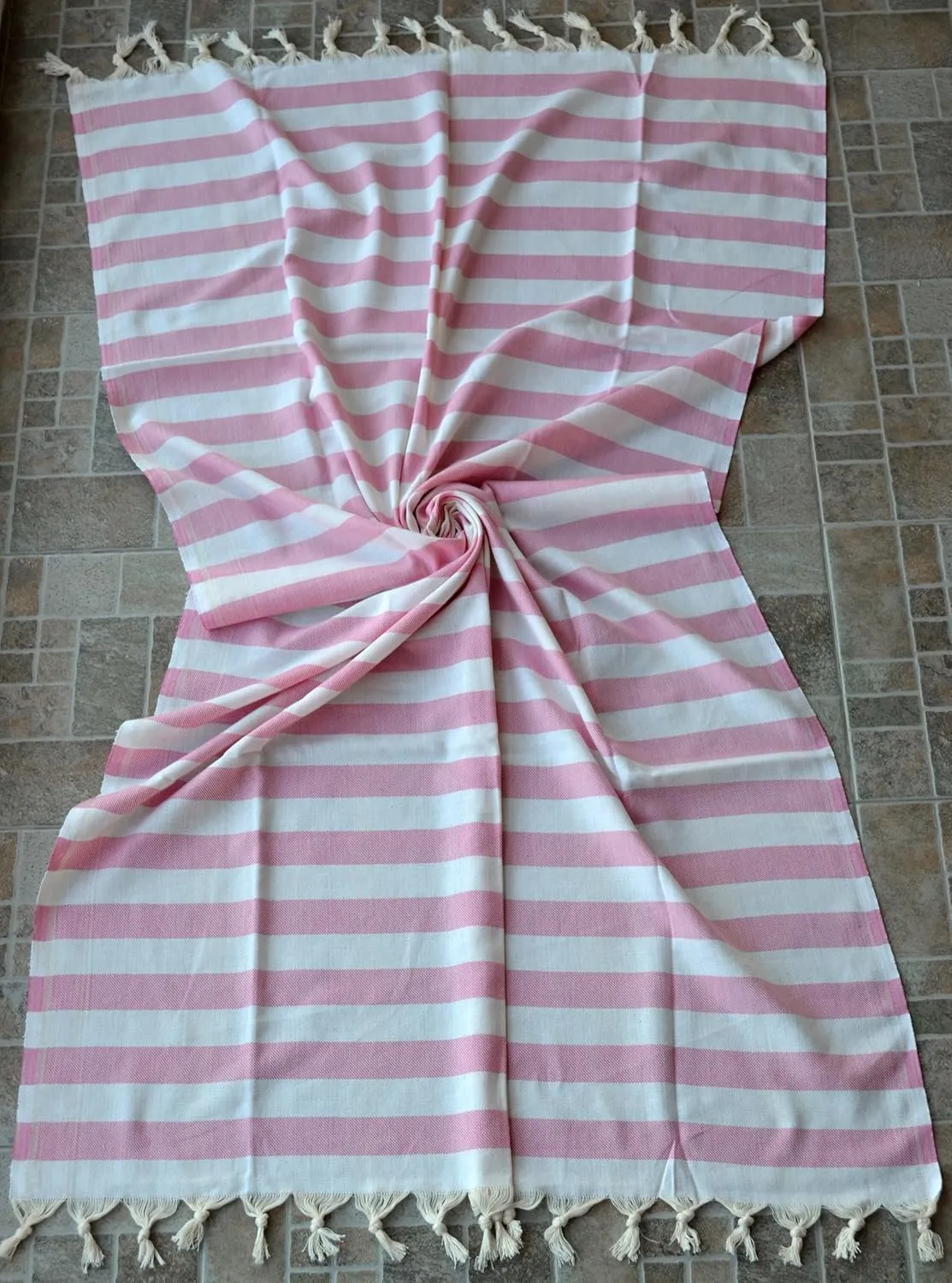 Dandelion - Stripes Pattern - Naturally-Dyed Cotton Turkish Towel Peshtemal - 71x39 Inches - White & Sugar Pink