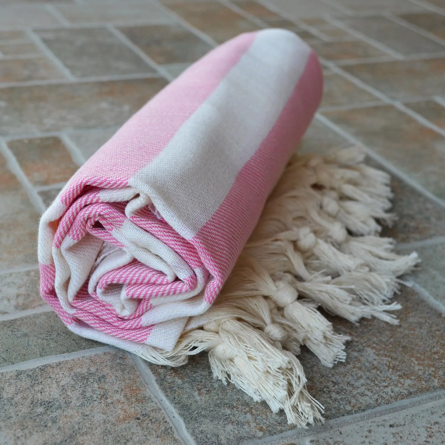 Dandelion - Stripes Pattern - Naturally-Dyed Cotton Turkish Towel Peshtemal - 71x39 Inches - White & Sugar Pink
