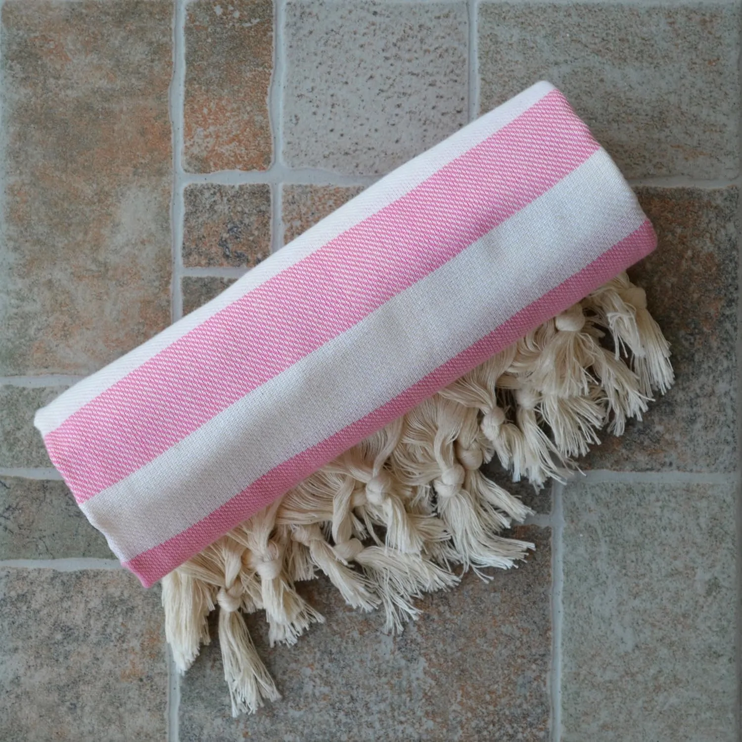 Dandelion - Stripes Pattern - Naturally-Dyed Cotton Turkish Towel Peshtemal - 71x39 Inches - White & Sugar Pink