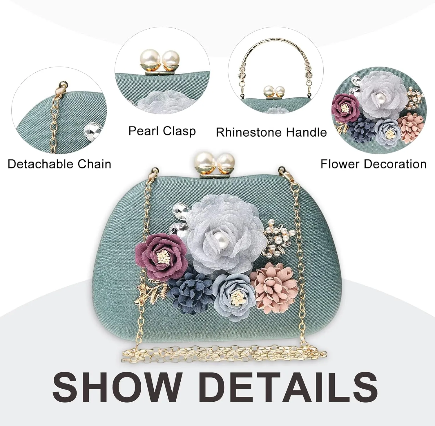 Evening HandBags for Women Flower Wedding Clutch Purse Satin Floral Ladies Party Crossbody Bag