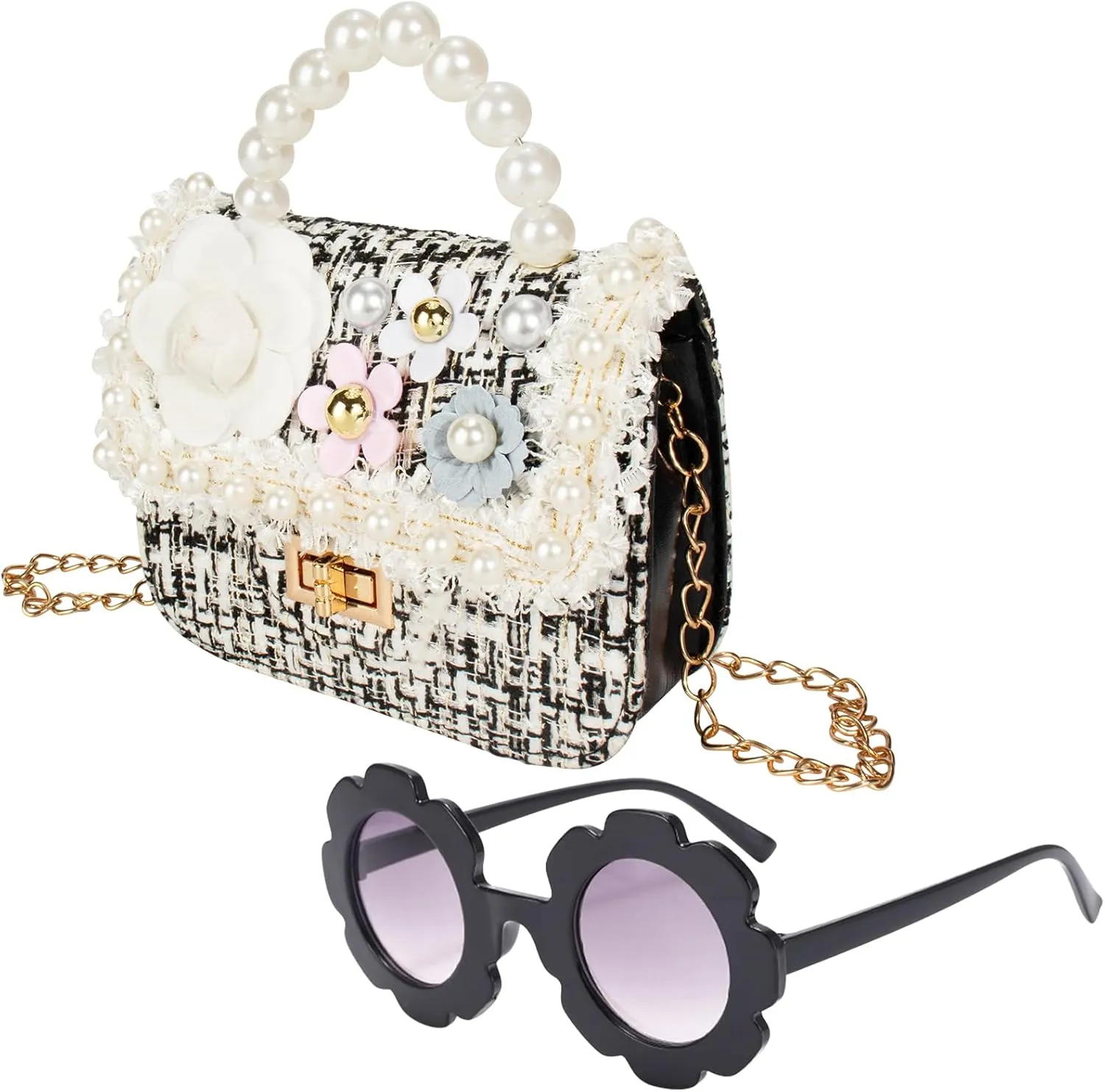 Forwe Little Girls Toddler Crossbody Purse with Pearl Flowers Mini Cute Princess Handbags Shoulder Chain Bag