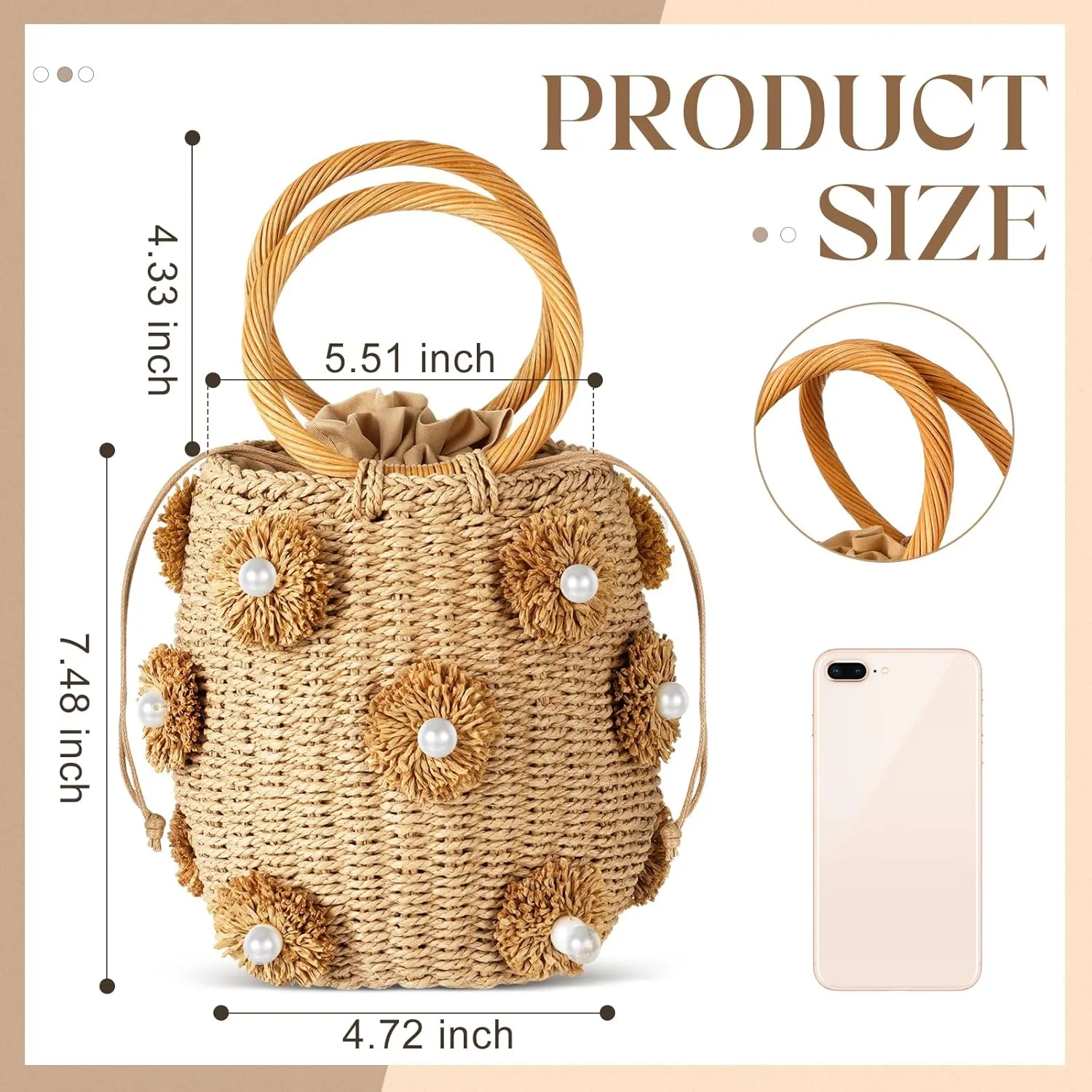 Frienda Summer Straw Bags for Women - Beach Drawstring Straw Bucket Tote Pearl Flower Diamond Rattan Handbag