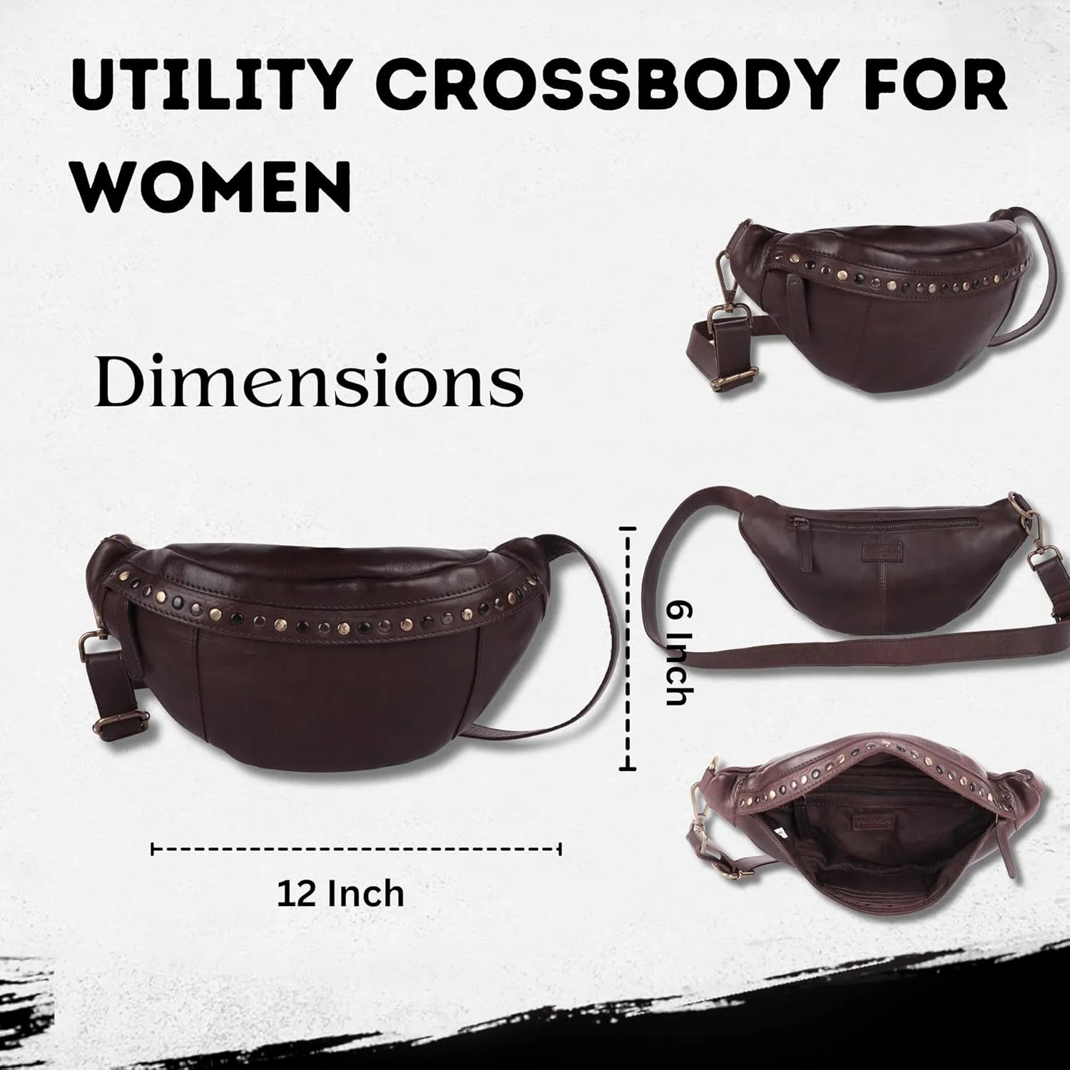 Genuine Italian Leather Boho Studded Waist Bag  Stylish & Durable Unisex Travel Fanny Pack for Essentials (Brown)