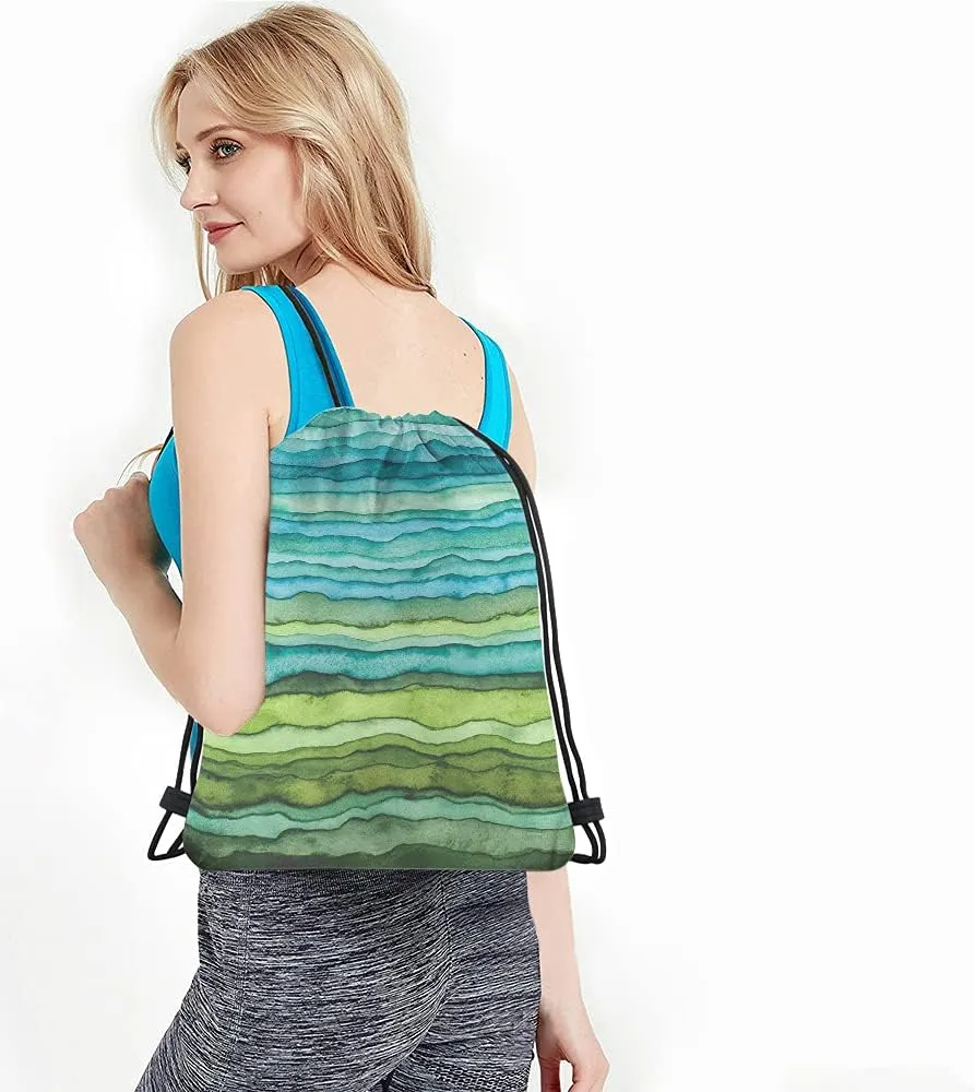 Green and Blue Color Drawstring Bags Backpack Bag Colorful Stripes Oil Painting Gradient Wave Art Sport Gym Sack Drawstring Bag String Bag Yoga Bag for Men Women