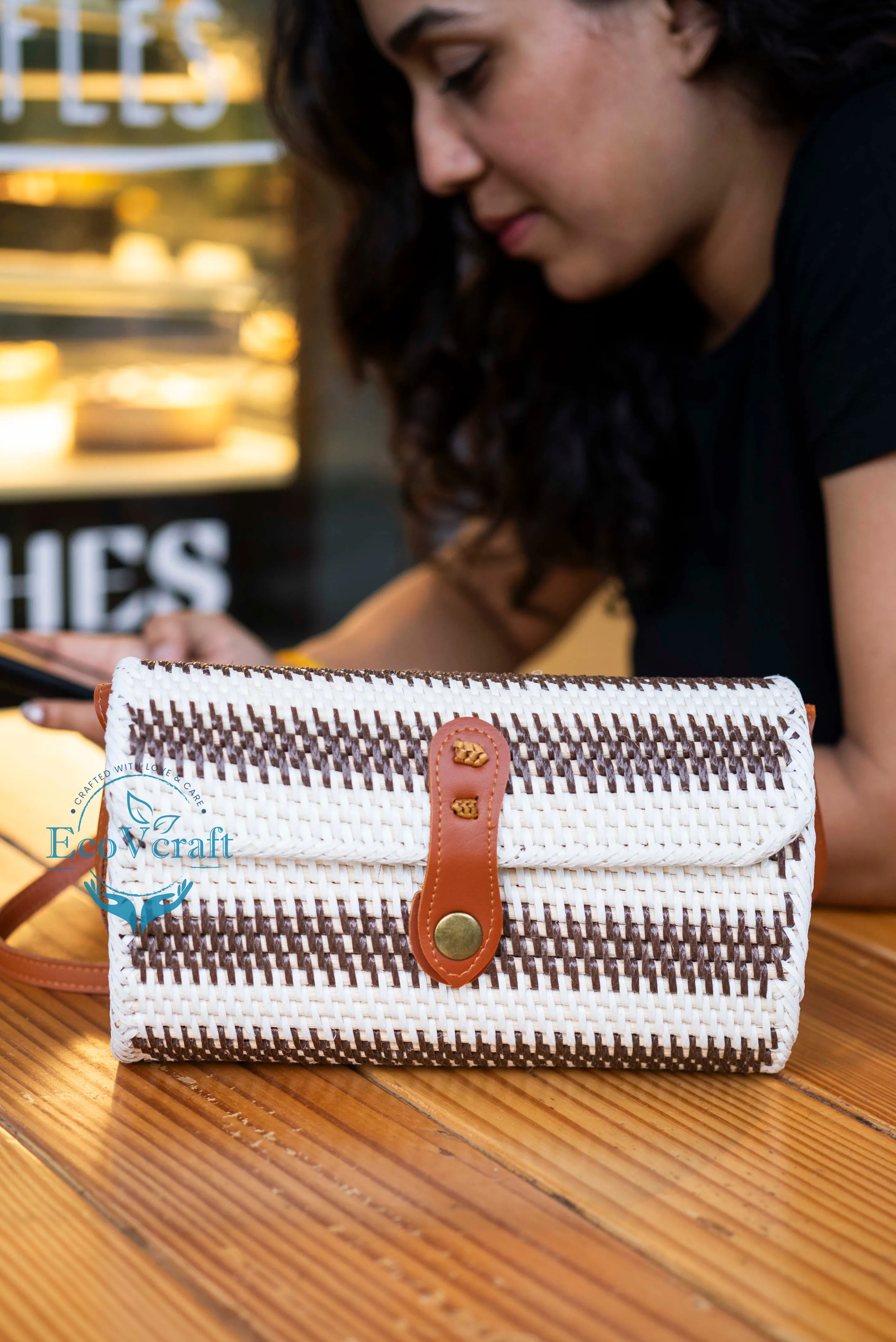 Hippie Heart White & Brown Strips Rectangular Bag