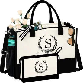 Initial Canvas Tote Bag Makeup Bag, Beach Bag with Zipper, Personalized Mothers Day Gifts for Mom Grandma