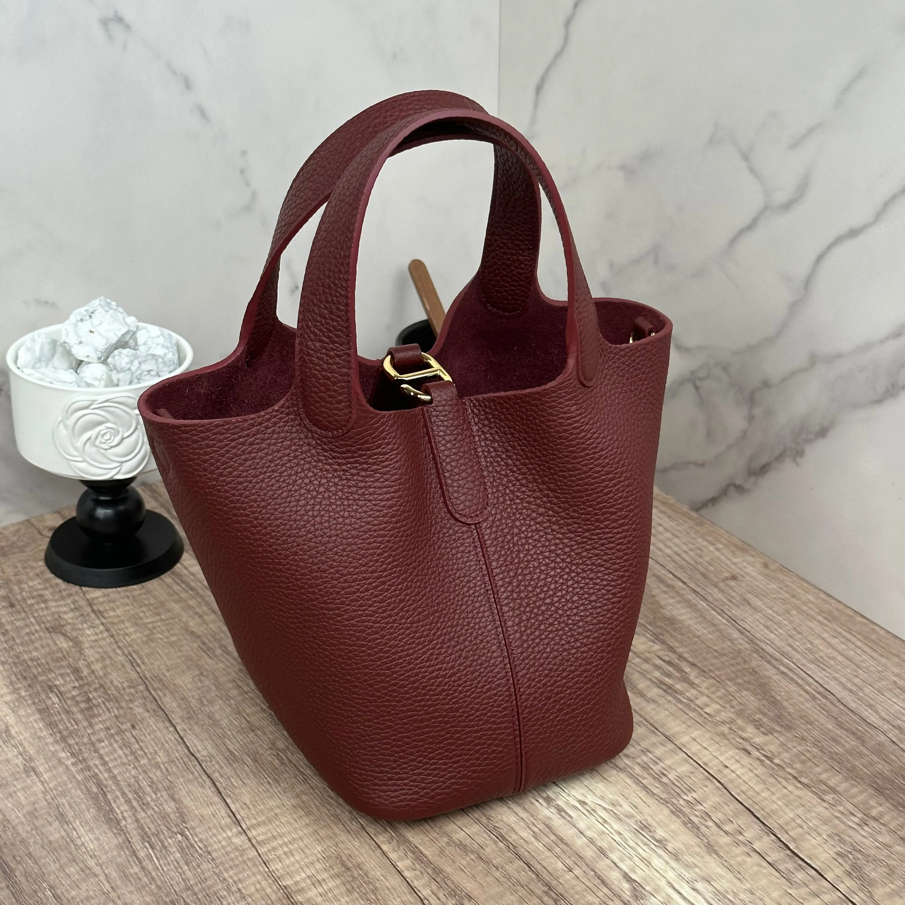 Josette - Versatile Bucket Bag - Grained Cowhide - BURGUNDY