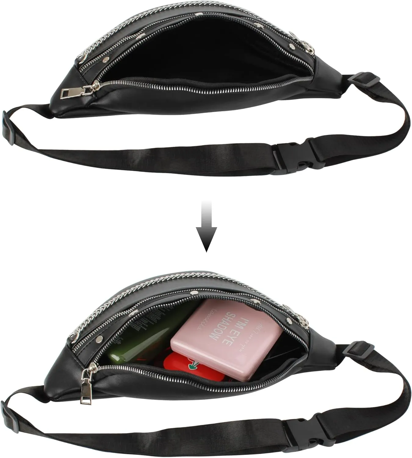 LABANCA Women Rivet Studded Zipper Pocket Shoulder Purse Faux Leather Waist Packs Rave Chest Bag Festival Fanny Bag Purse (07086Black)