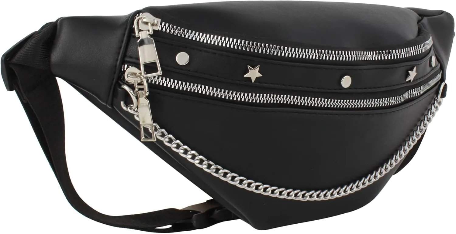 LABANCA Women Rivet Studded Zipper Pocket Shoulder Purse Faux Leather Waist Packs Rave Chest Bag Festival Fanny Bag Purse (07086Black)