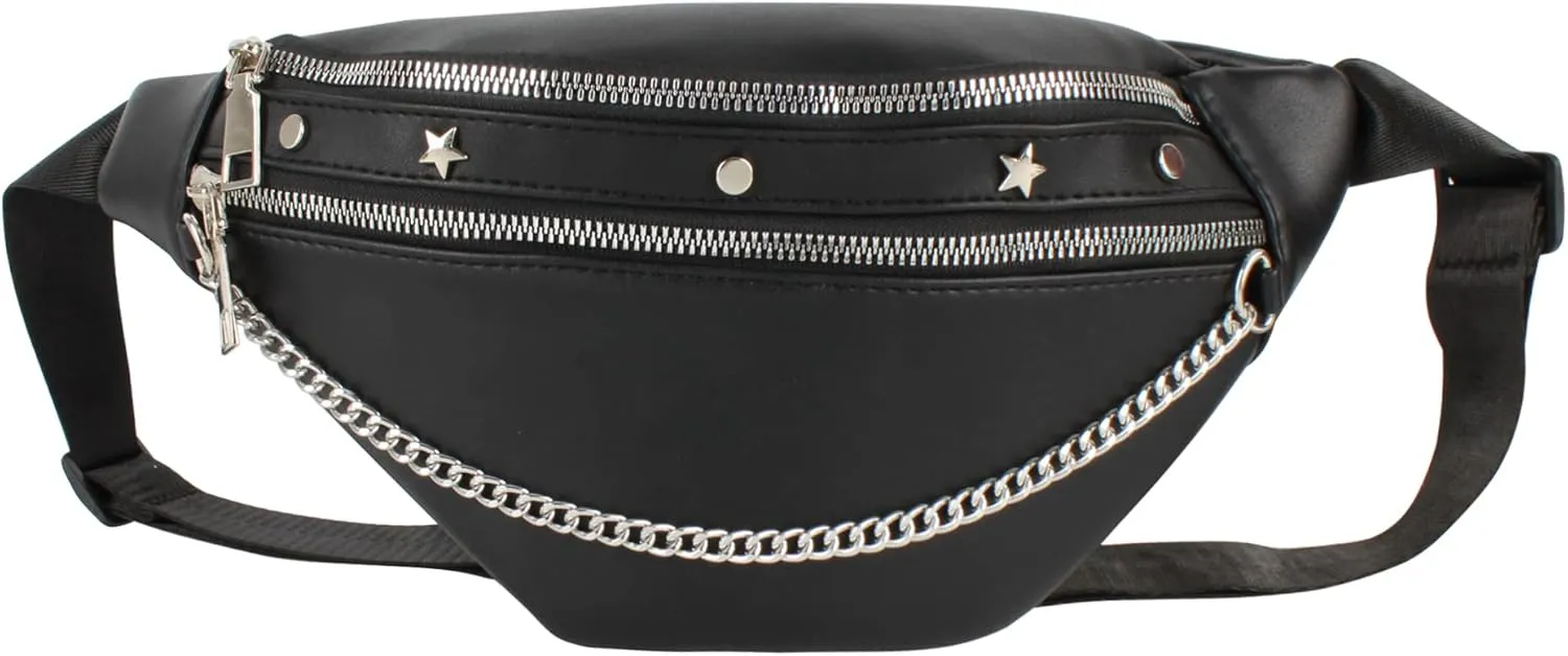 LABANCA Women Rivet Studded Zipper Pocket Shoulder Purse Faux Leather Waist Packs Rave Chest Bag Festival Fanny Bag Purse (07086Black)