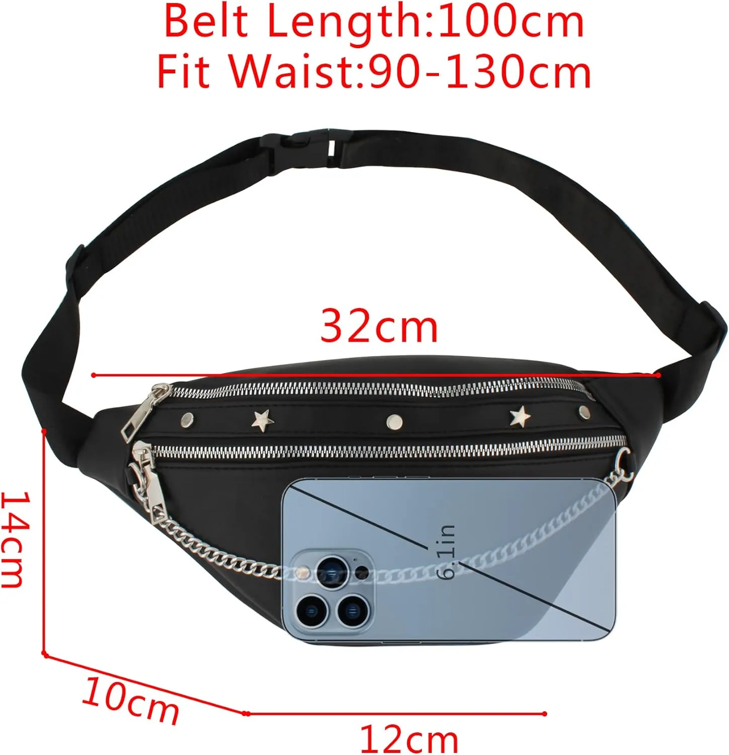 LABANCA Women Rivet Studded Zipper Pocket Shoulder Purse Faux Leather Waist Packs Rave Chest Bag Festival Fanny Bag Purse (07086Black)