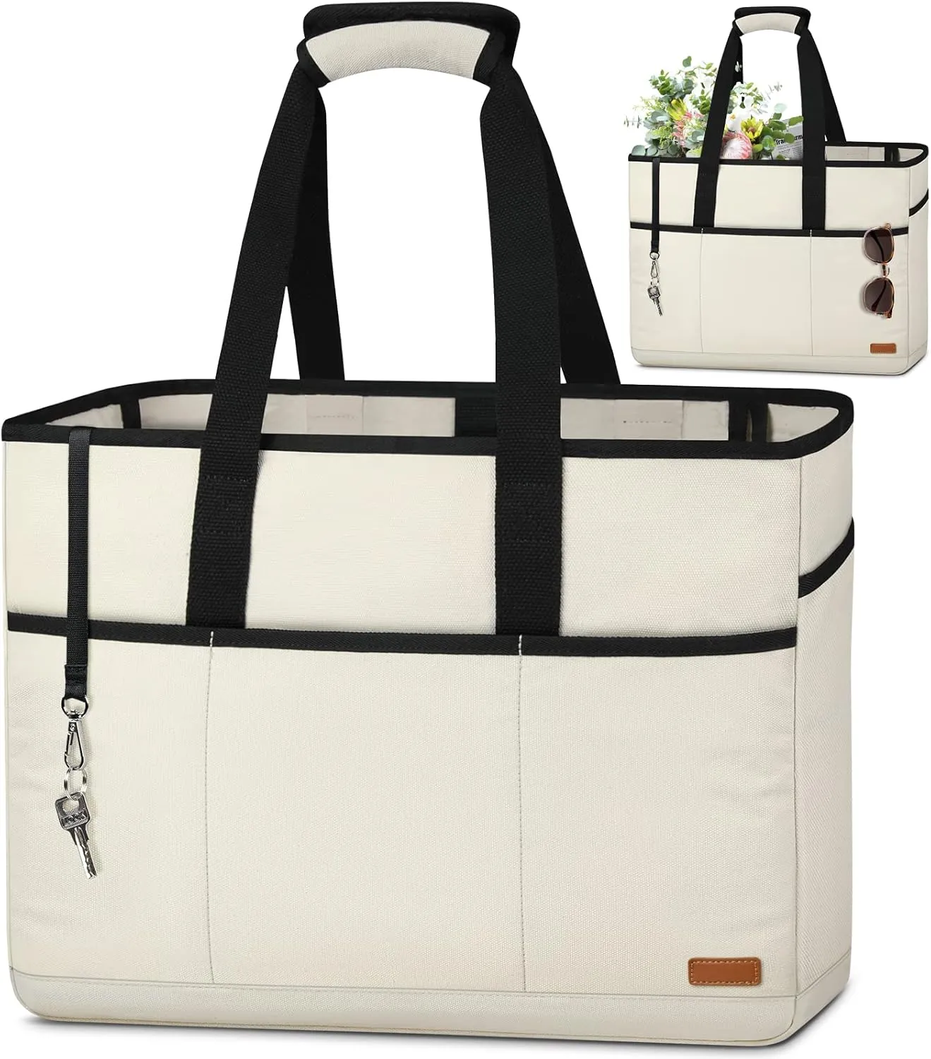 Lubardy Beach Bag for Women Large Beach Bags Waterproof Sandproof with Bottom Board Beach Tote Bag for Work/Travel/Swim/Pool (Large-40L-Beige)