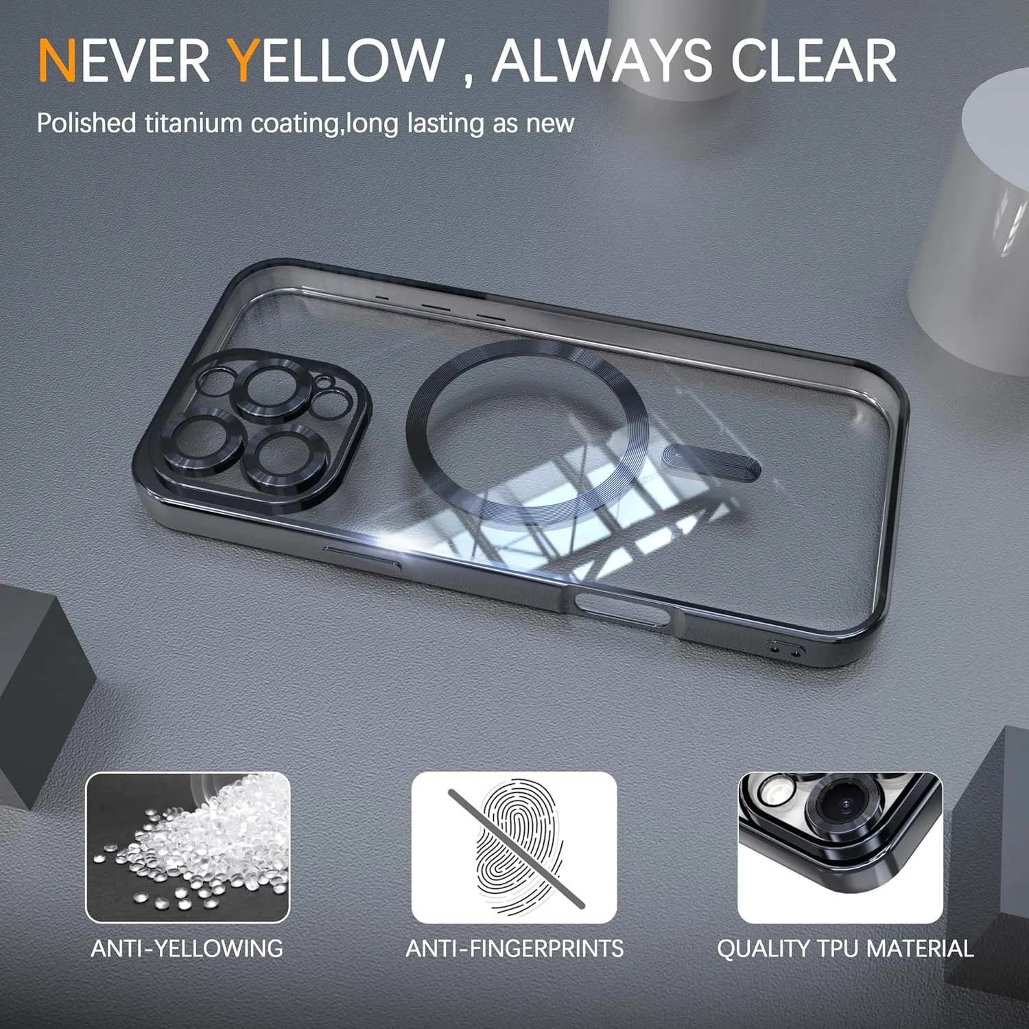 Magnetic Clear Case for iPhone 15 Pro Max with Full Camera Lens Protection,Compatible with MagSafe,Plating Soft TPU Phone Case,Anti-Scratch Shockproof Slim Cover for Women Gilrs Men - Black