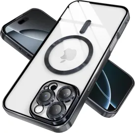 Magnetic Clear Case for iPhone 15 Pro Max with Full Camera Lens Protection,Compatible with MagSafe,Plating Soft TPU Phone Case,Anti-Scratch Shockproof Slim Cover for Women Gilrs Men - Black