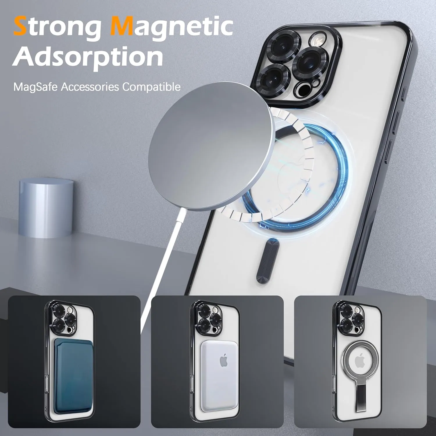 Magnetic Clear Case for iPhone 15 Pro Max with Full Camera Lens Protection,Compatible with MagSafe,Plating Soft TPU Phone Case,Anti-Scratch Shockproof Slim Cover for Women Gilrs Men - Black