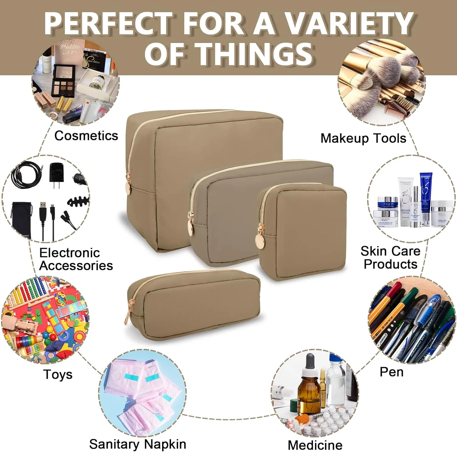 Mini Makeup Pouch for Purse, Small Cosmetic Bag Pouch Nylon Travel Toiletry Organizers for Women Girls, Cute Zipper Pouch Coin Purse Preppy Storage Bag for School Work(Mini-Khaki)