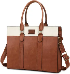 MOSISO Laptop Bag, PU Leather Laptop Tote Work Bags, Large Capacity Double Vertical Stripes Computer Briefcase Waterproof Bag