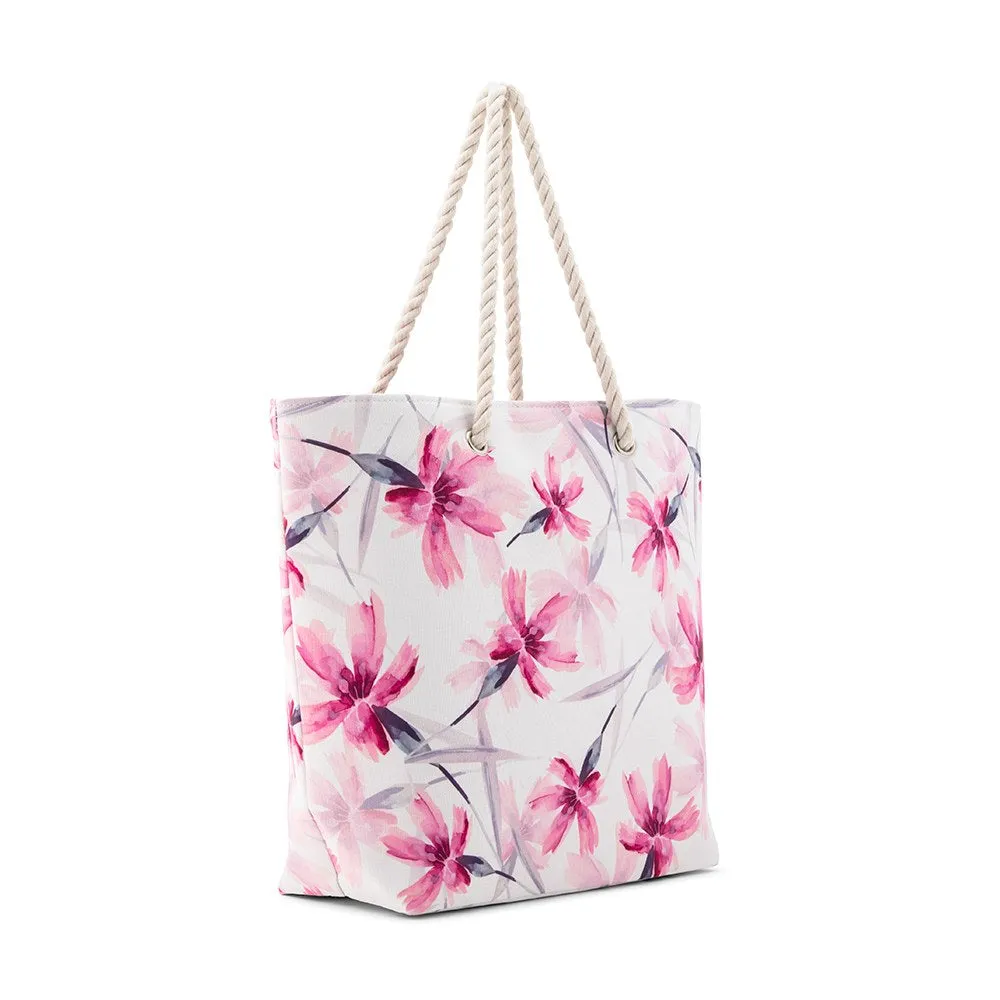 Personalized Pink Floral Watercolor Extra-Large Cotton Canvas Fabric Beach Tote Bag