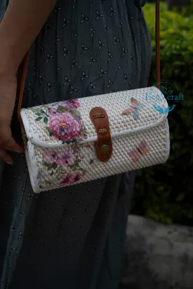 Pink Flower with Butterfly White Rectangular Sling Bag
